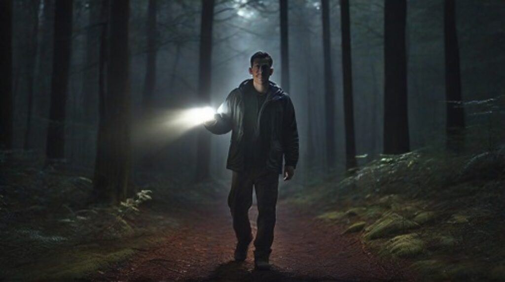 Long-throw flashlight illuminating a dark forest trail.