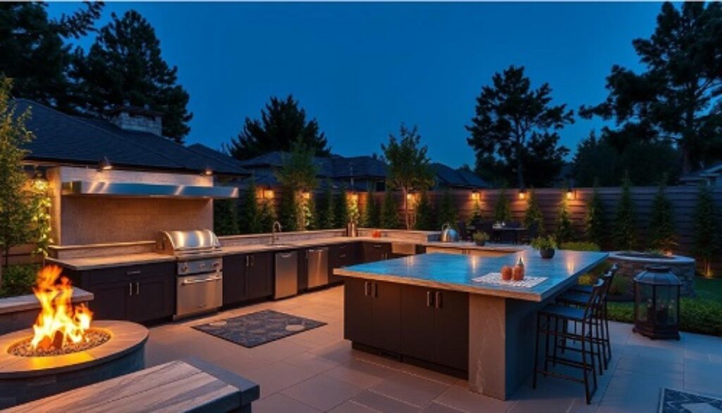 Modern outdoor kitchens with sleek stainless steel appliances.