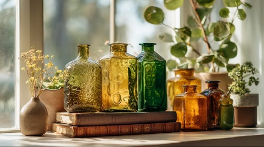 An_artistic_shelf_display_featuring_recycled_glass_vase and bottles