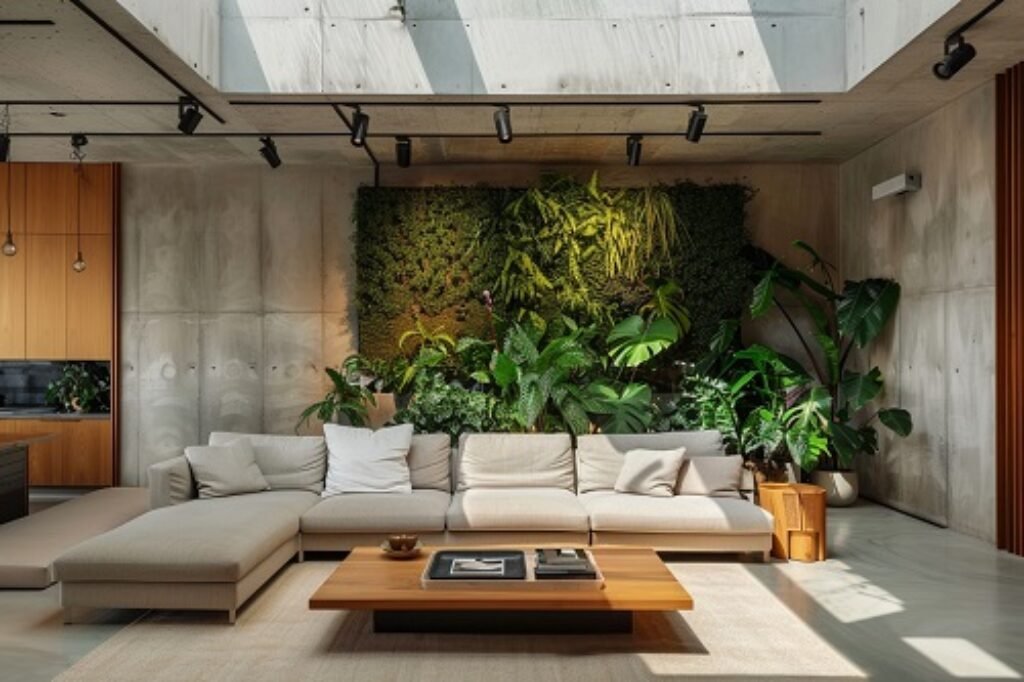 Eco-friendly elements like plants, natural textiles, and wood furniture